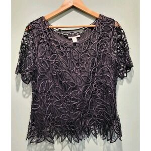 Vtg Silken Poetry Black Silk Hand Crochet Floral Beaded Whimsigoth Party Top XL